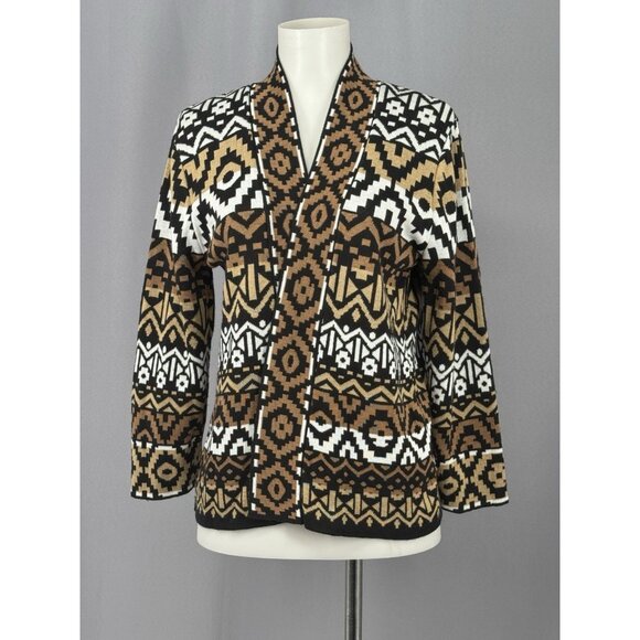 Ruby Rd. Sweaters - Ruby Rd Cardigan Petite Small Brown Black Open Front USA-Made Aztec Southwest